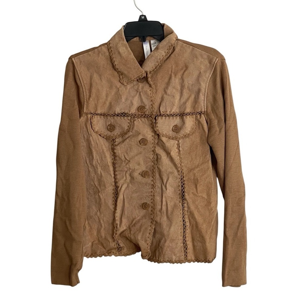 Vintage  Med Suede Leather Sweater Jacket Crochet Trim Stitching Western Boho